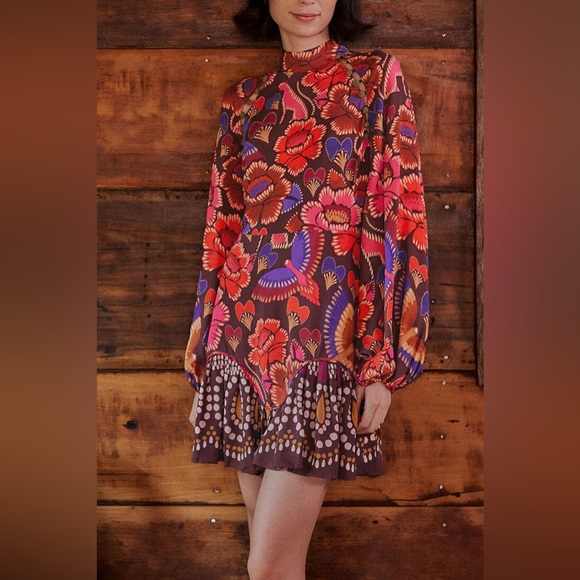 FARM Rio Dresses & Skirts - FARM Rio Floral Long Sleeve Dress - Red Brown Purple
